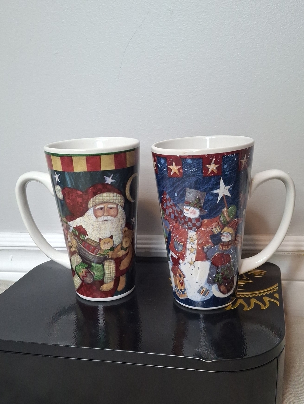 Holiday Santa and Snowman Ceramic Mugs - Red and Blue Designs